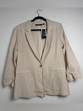 Briggs Womens Medium Linen Blend Cream/White Pinstripe Blazer Jacket Summer Wear